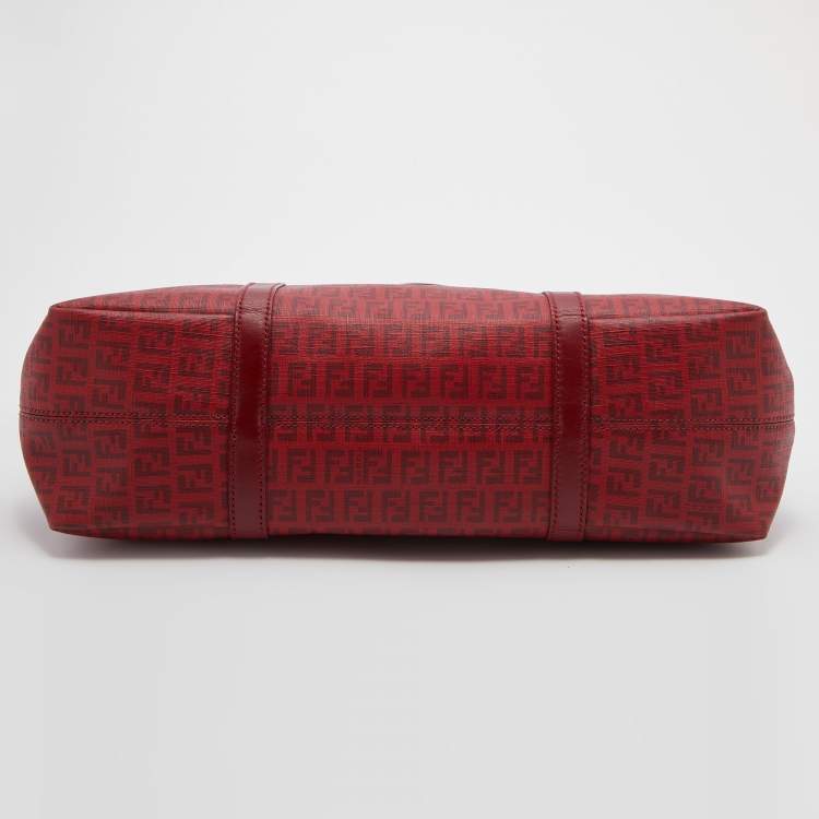 Pre Owned Fendi Red Zucchino Coated Canvas and Leather Shopper Tote