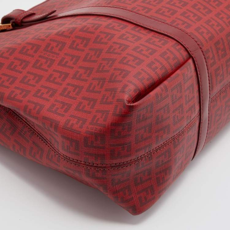Pre Owned Fendi Red Zucchino Coated Canvas and Leather Shopper Tote