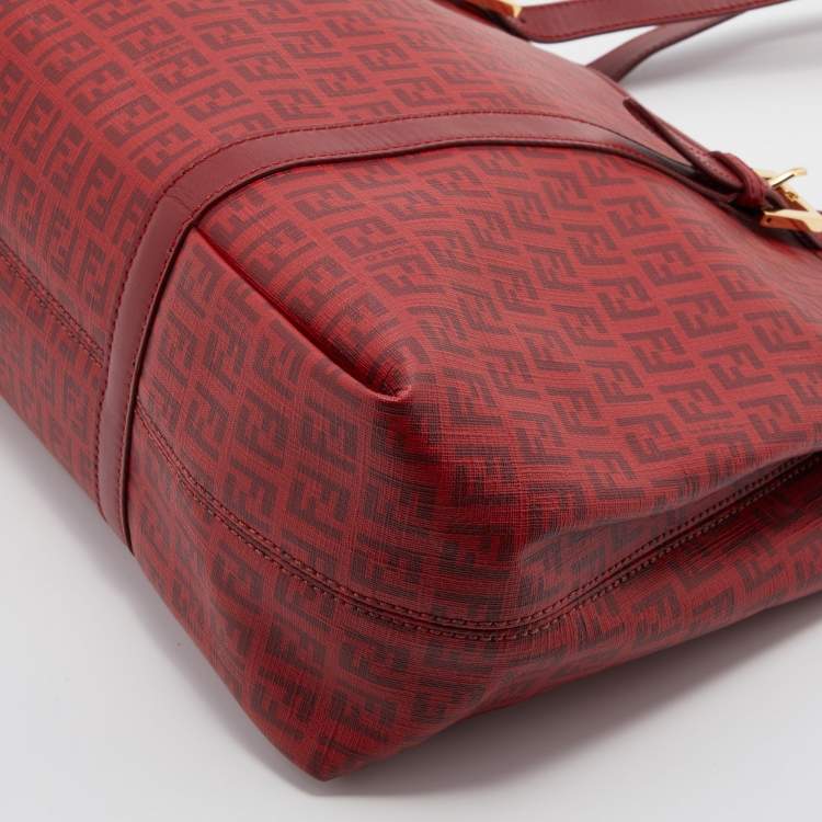 Pre Owned Fendi Red Zucchino Coated Canvas and Leather Shopper Tote