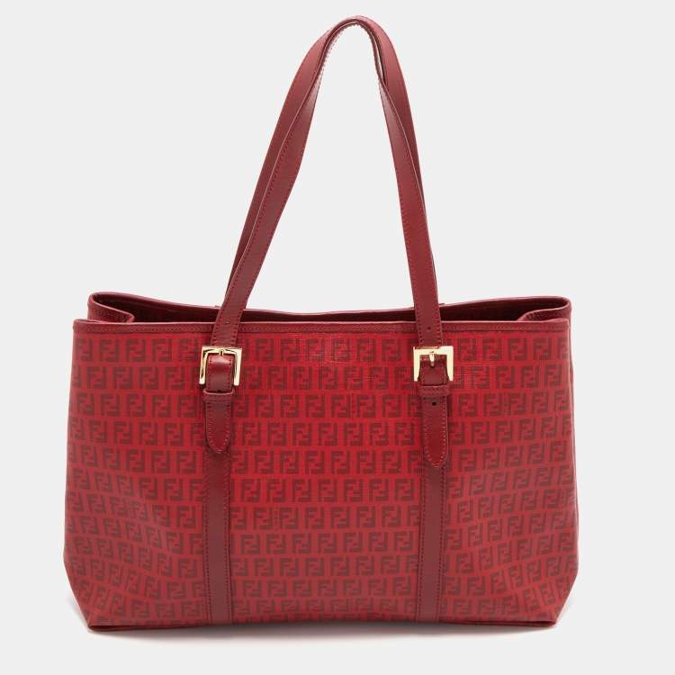 Pre Owned Fendi Red Zucchino Coated Canvas and Leather Shopper Tote