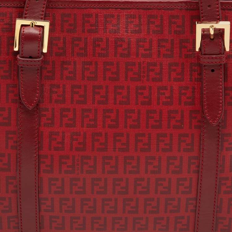 Pre Owned Fendi Red Zucchino Coated Canvas and Leather Shopper Tote