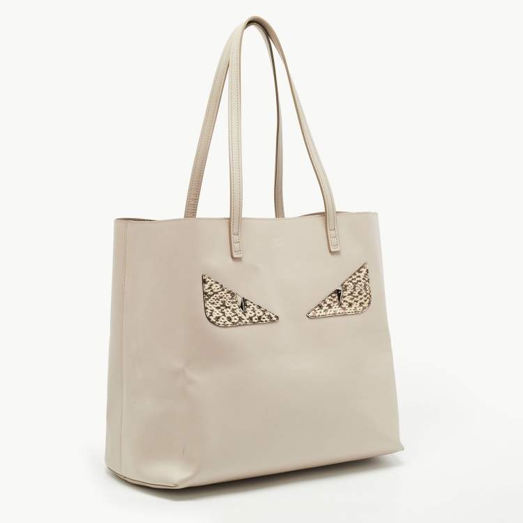 Pre Owned Fendi Light Beige Leather and Python Detail Monster Roll Tote