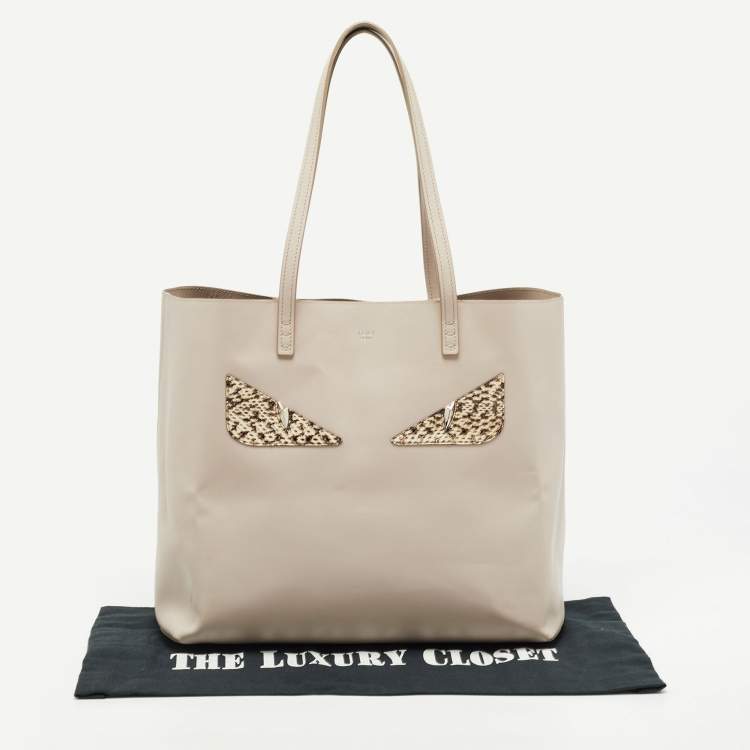 Pre Owned Fendi Light Beige Leather and Python Detail Monster Roll Tote