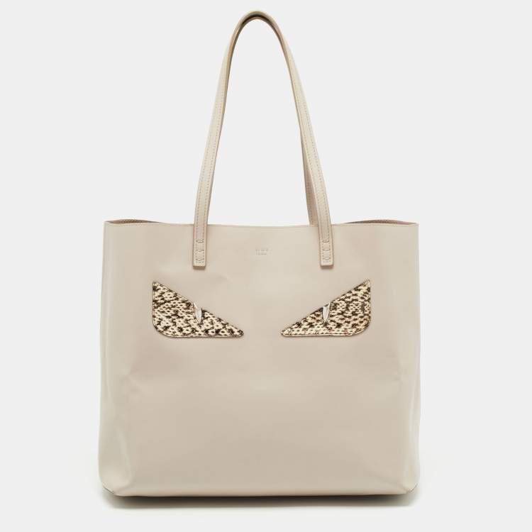 Pre Owned Fendi Light Beige Leather and Python Detail Monster Roll Tote