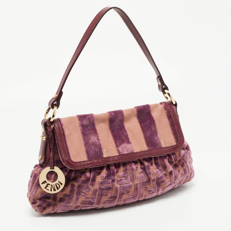 Pre Owned Fendi Purple/Beige Zucca Striped Velvet and Canvas Chef Shoulder Bag