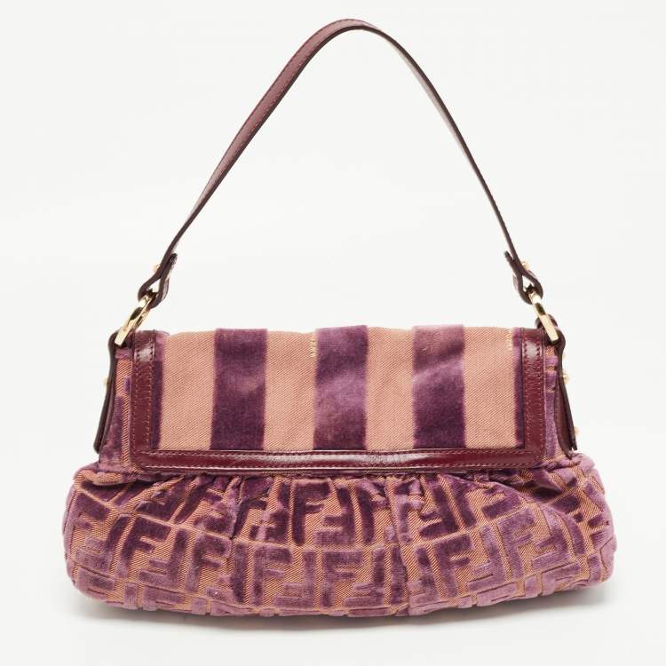 Pre Owned Fendi Purple/Beige Zucca Striped Velvet and Canvas Chef Shoulder Bag