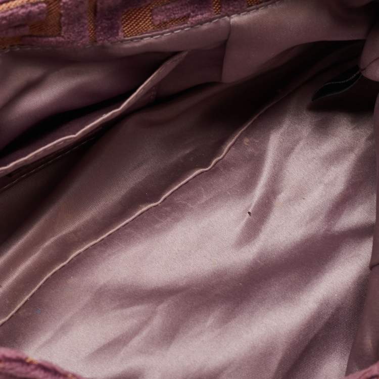 Pre Owned Fendi Purple/Beige Zucca Striped Velvet and Canvas Chef Shoulder Bag