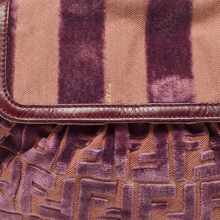 Pre Owned Fendi Purple/Beige Zucca Striped Velvet and Canvas Chef Shoulder Bag