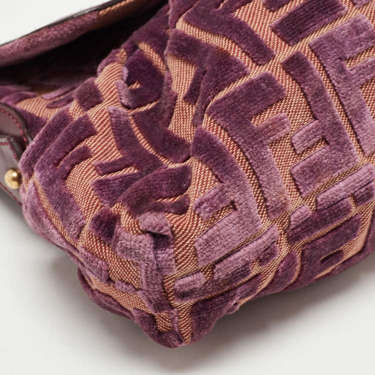 Pre Owned Fendi Purple/Beige Zucca Striped Velvet and Canvas Chef Shoulder Bag