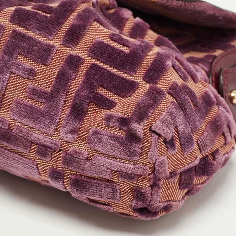 Pre Owned Fendi Purple/Beige Zucca Striped Velvet and Canvas Chef Shoulder Bag