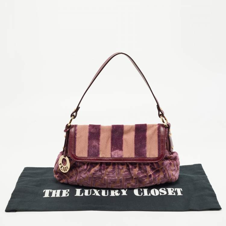 Pre Owned Fendi Purple/Beige Zucca Striped Velvet and Canvas Chef Shoulder Bag