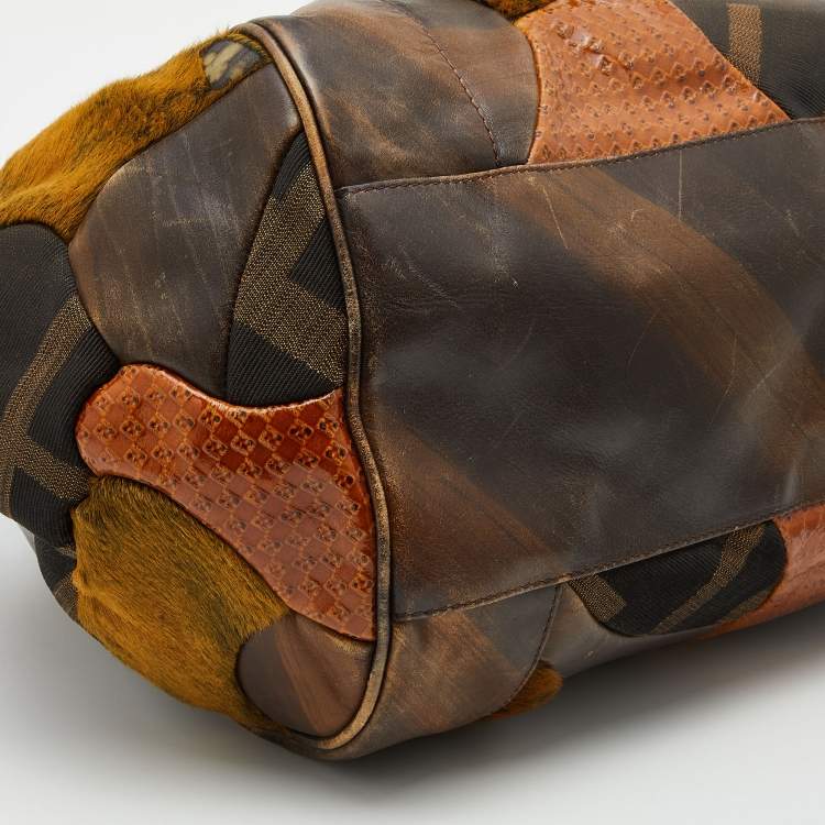 Pre Owned Fendi Brown Zucca Canvas and Leather Patchwork Shoulder Bag