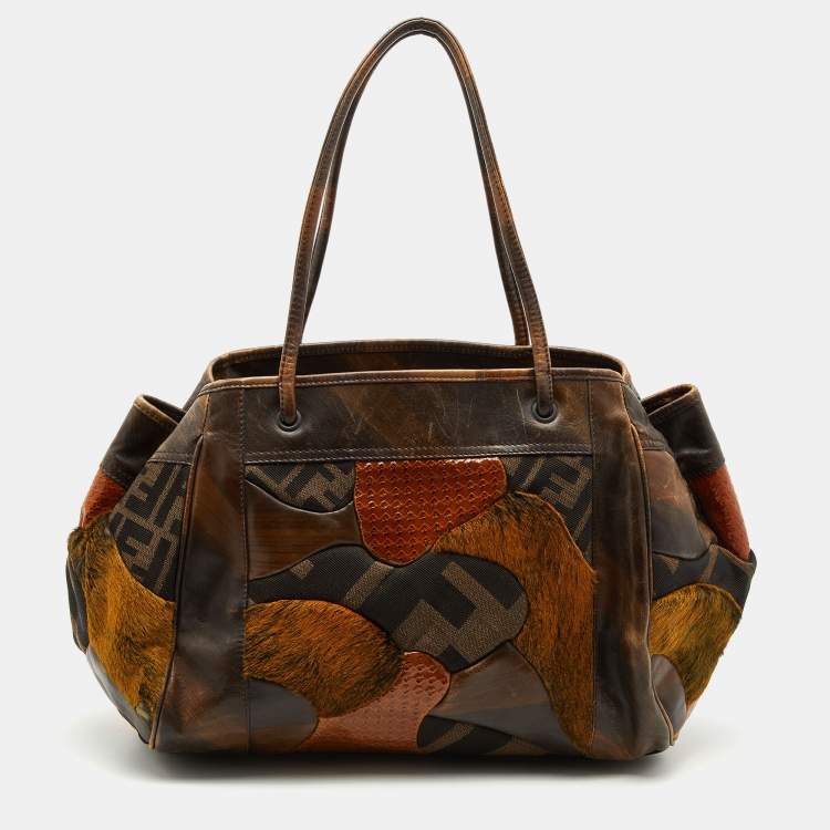 Pre Owned Fendi Brown Zucca Canvas and Leather Patchwork Shoulder Bag