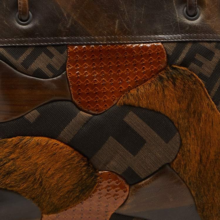 Pre Owned Fendi Brown Zucca Canvas and Leather Patchwork Shoulder Bag