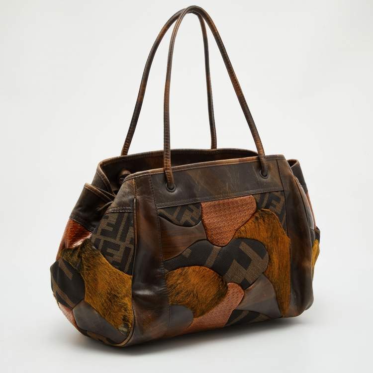 Pre Owned Fendi Brown Zucca Canvas and Leather Patchwork Shoulder Bag