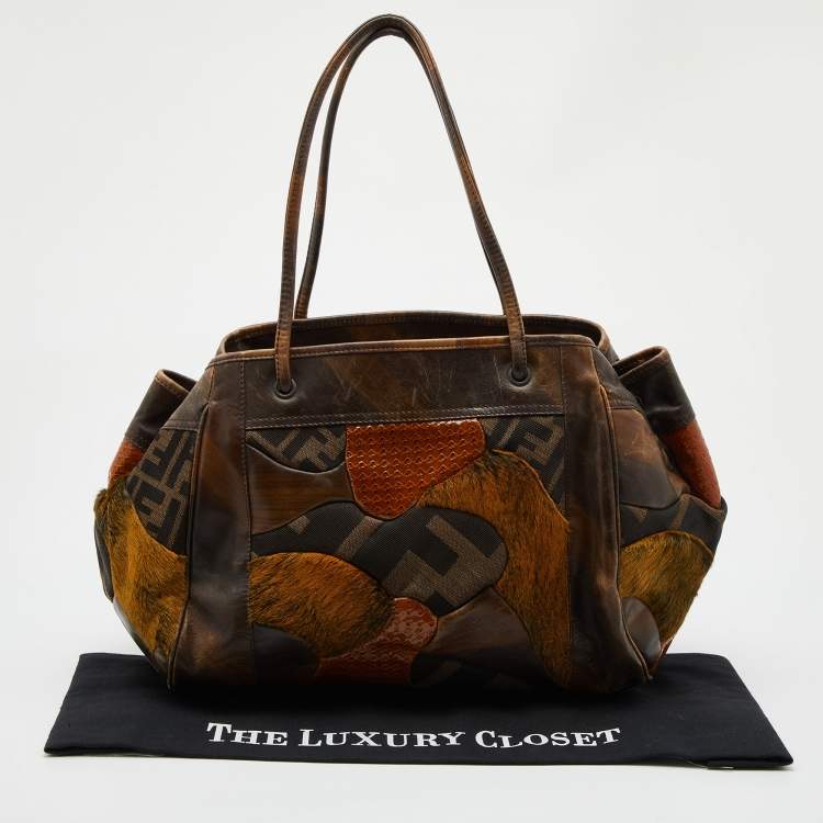 Pre Owned Fendi Brown Zucca Canvas and Leather Patchwork Shoulder Bag