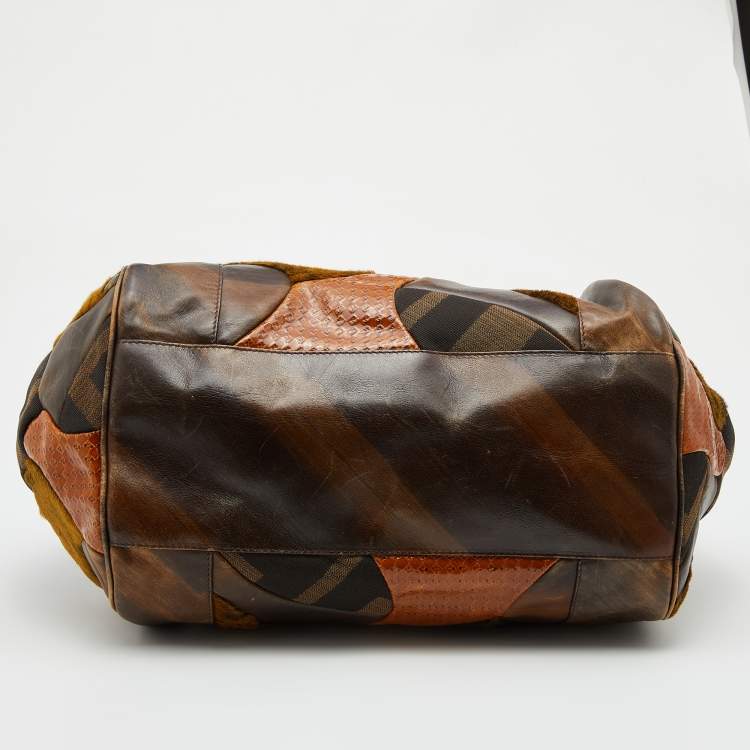Pre Owned Fendi Brown Zucca Canvas and Leather Patchwork Shoulder Bag