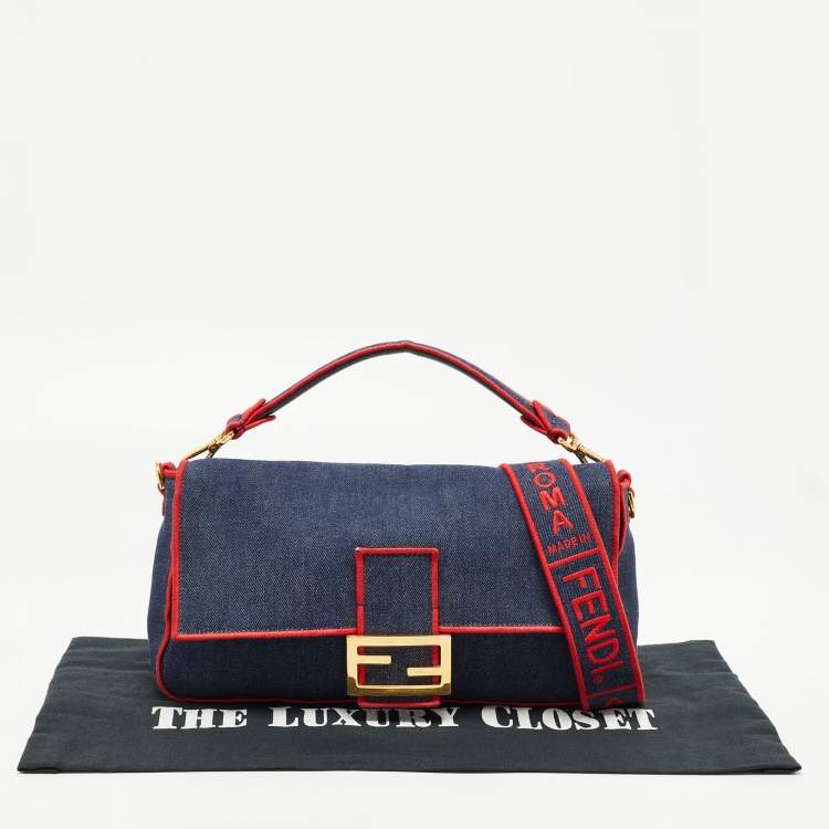 Pre Owned Fendi Blue/Red Denim Large Baguette Shoulder Bag