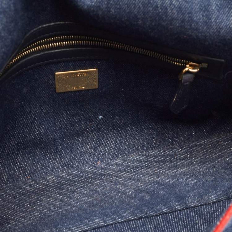 Pre Owned Fendi Blue/Red Denim Large Baguette Shoulder Bag