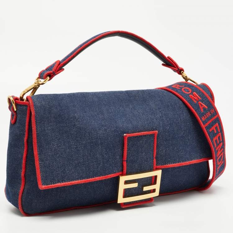 Pre Owned Fendi Blue/Red Denim Large Baguette Shoulder Bag