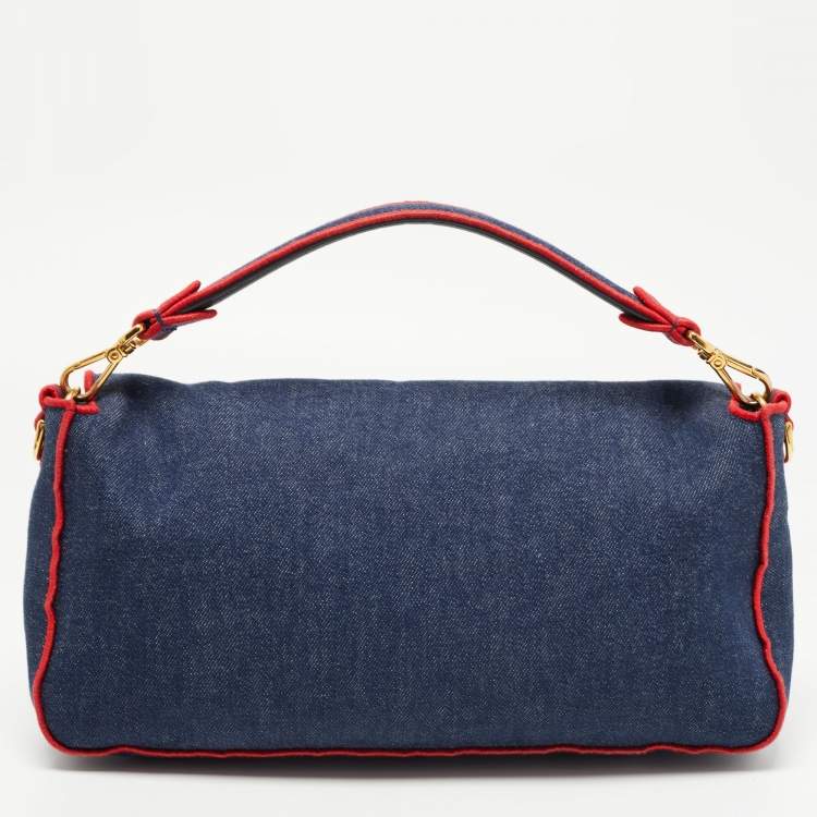 Pre Owned Fendi Blue/Red Denim Large Baguette Shoulder Bag