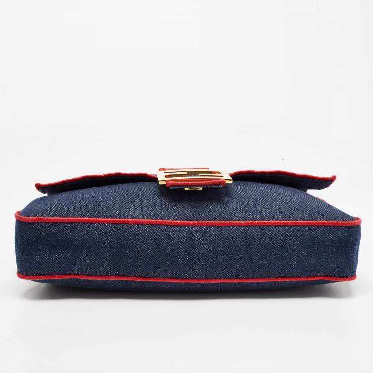 Pre Owned Fendi Blue/Red Denim Large Baguette Shoulder Bag
