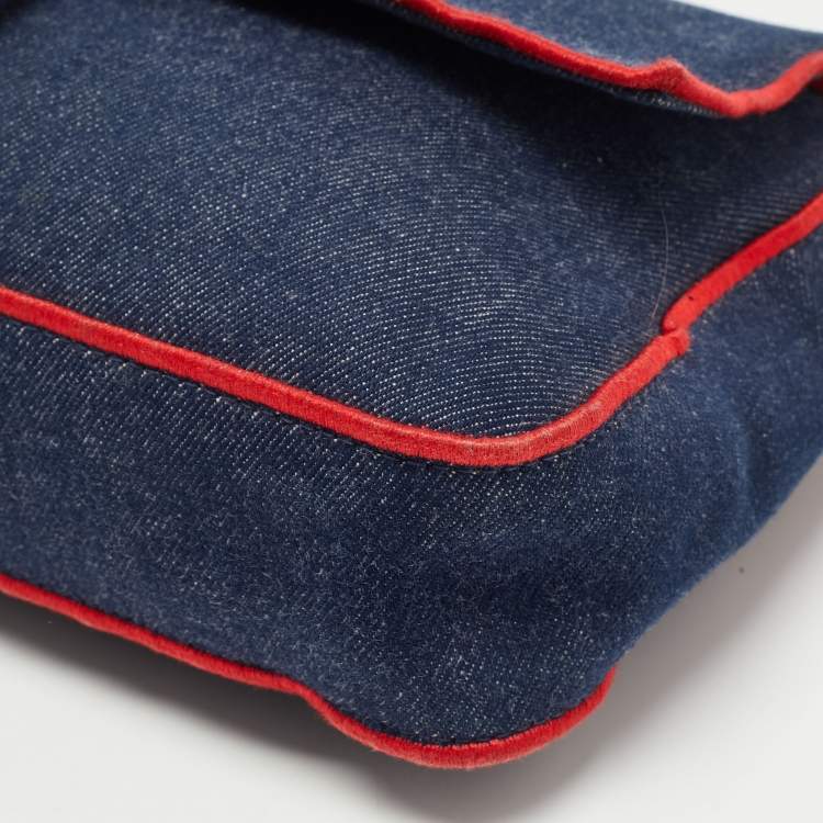 Pre Owned Fendi Blue/Red Denim Large Baguette Shoulder Bag