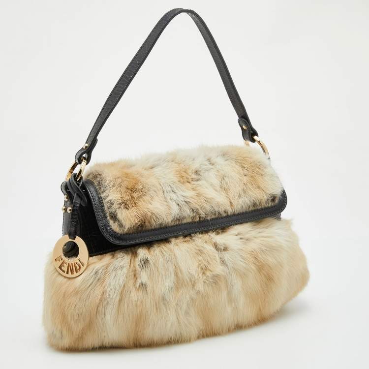 Pre Owned Fendi Dark Brown/Cream Leather and Fur Flap Chef Shoulder Bag