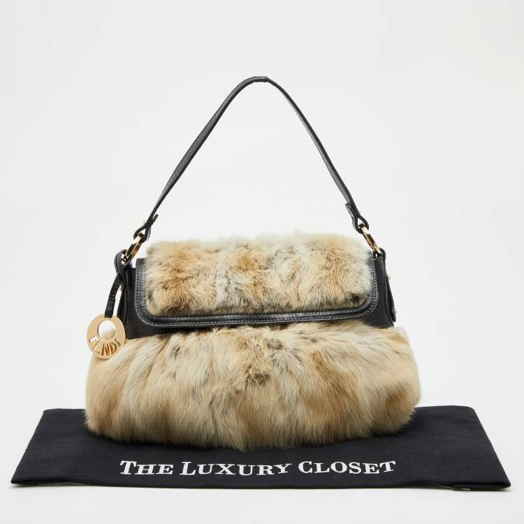 Pre Owned Fendi Dark Brown/Cream Leather and Fur Flap Chef Shoulder Bag
