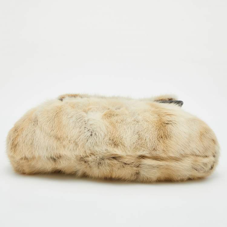 Pre Owned Fendi Dark Brown/Cream Leather and Fur Flap Chef Shoulder Bag
