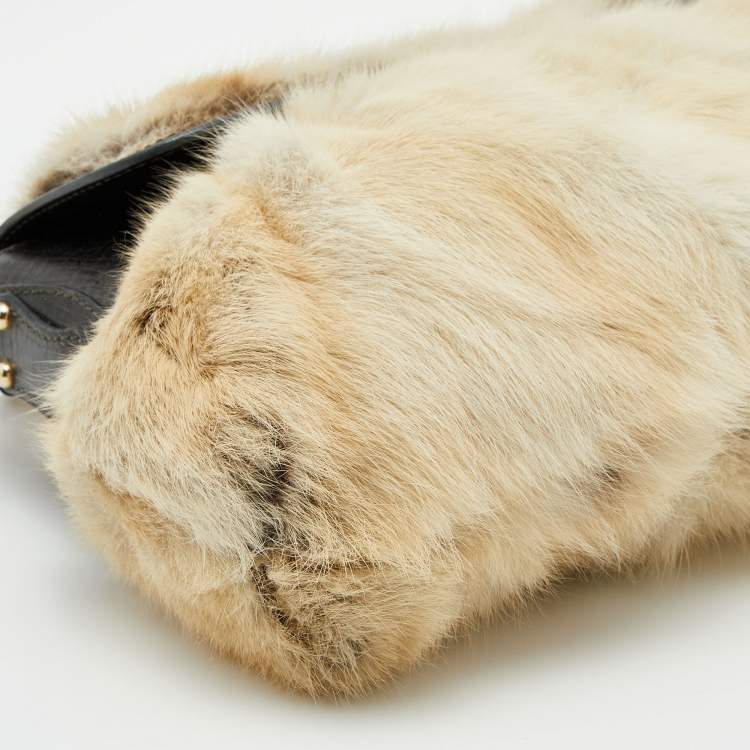 Pre Owned Fendi Dark Brown/Cream Leather and Fur Flap Chef Shoulder Bag
