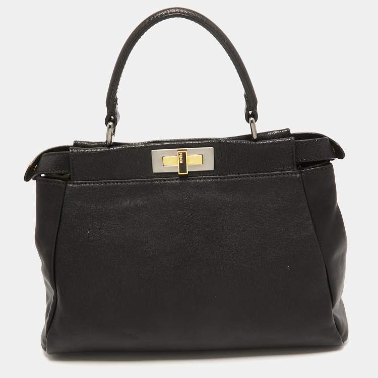 Pre Owned Fendi Black Leather Medium Peekaboo Top Handle Bag