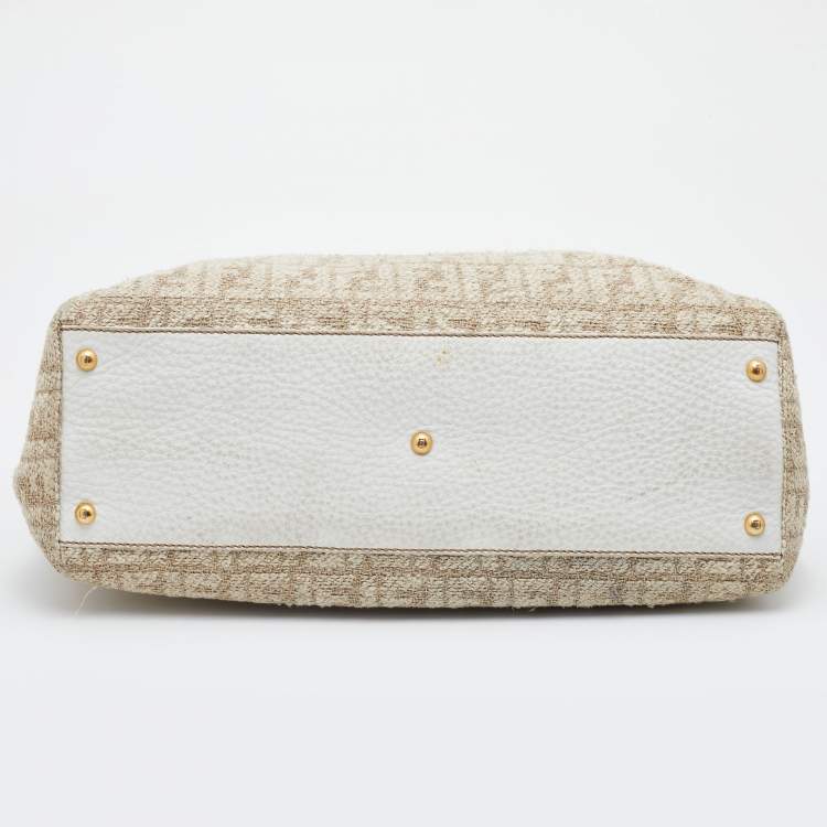 Pre Owned Fendi Beige/White Zucca Fabric and Leather Large Selleria Peekaboo Top Handle Bag