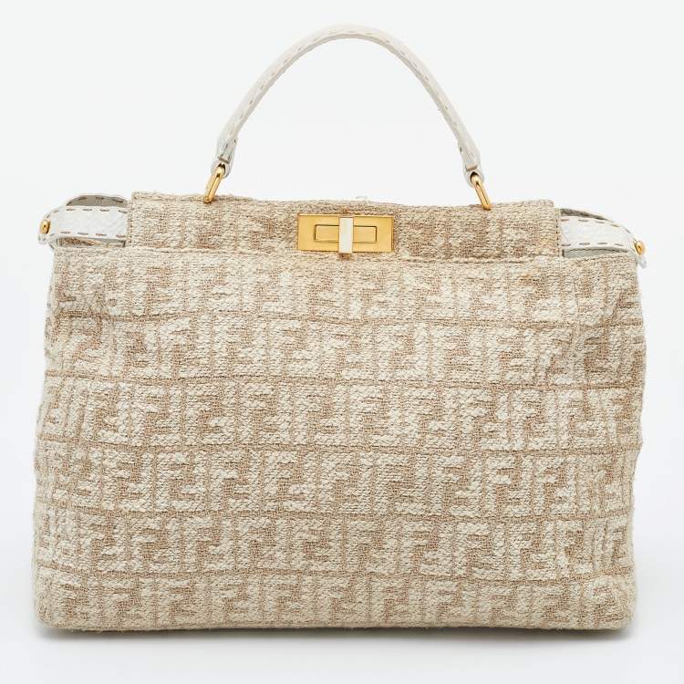 Pre Owned Fendi Beige/White Zucca Fabric and Leather Large Selleria Peekaboo Top Handle Bag