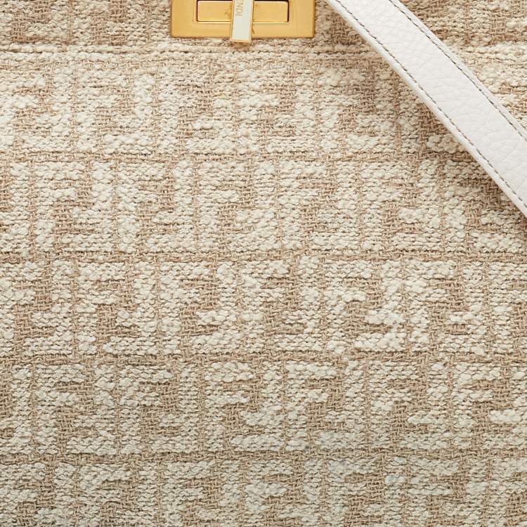 Pre Owned Fendi Beige/White Zucca Fabric and Leather Large Selleria Peekaboo Top Handle Bag