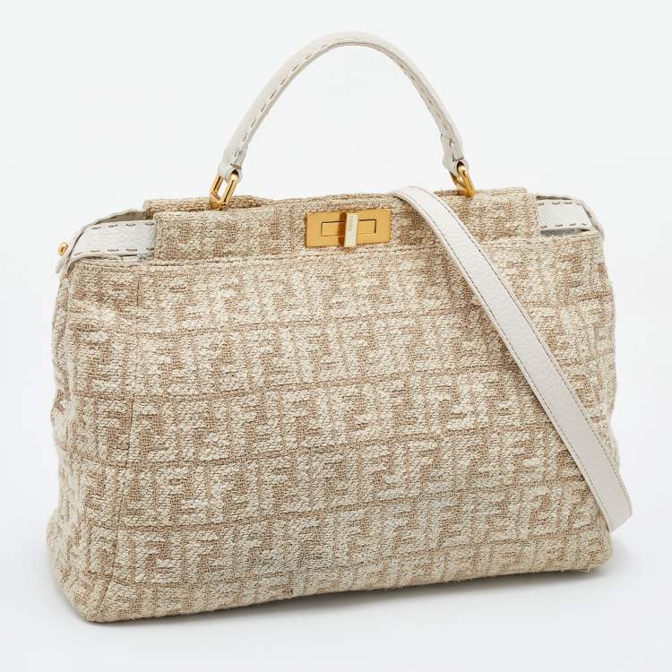 Pre Owned Fendi Beige/White Zucca Fabric and Leather Large Selleria Peekaboo Top Handle Bag