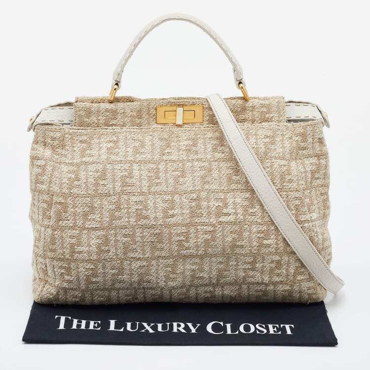 Pre Owned Fendi Beige/White Zucca Fabric and Leather Large Selleria Peekaboo Top Handle Bag