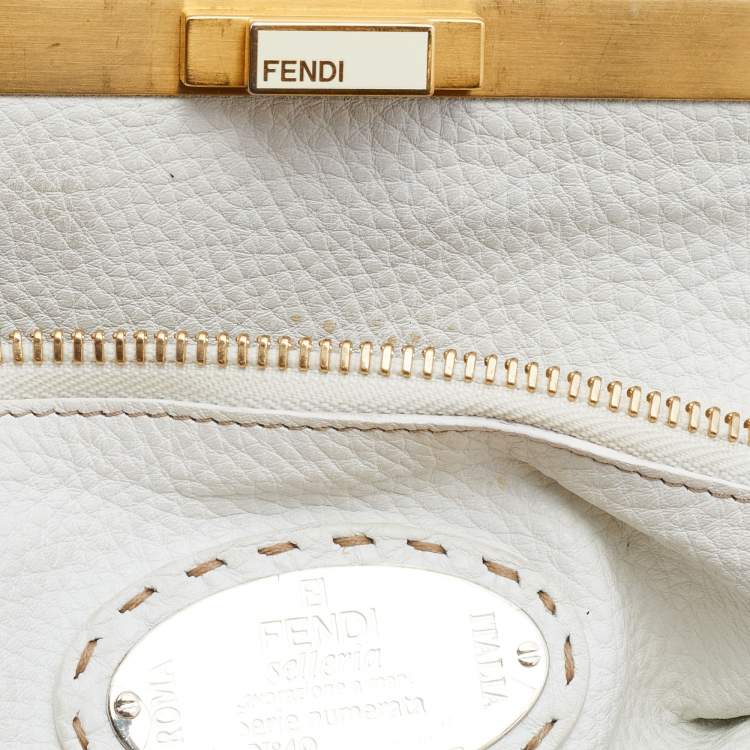 Pre Owned Fendi Beige/White Zucca Fabric and Leather Large Selleria Peekaboo Top Handle Bag