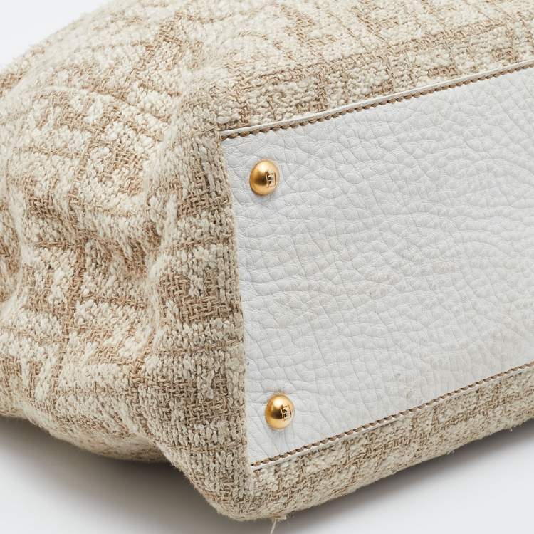 Pre Owned Fendi Beige/White Zucca Fabric and Leather Large Selleria Peekaboo Top Handle Bag