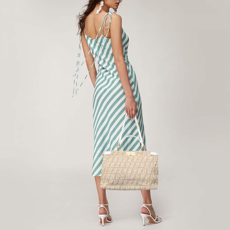 Pre Owned Fendi Beige/White Zucca Fabric and Leather Large Selleria Peekaboo Top Handle Bag