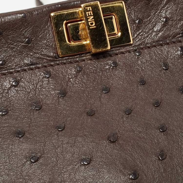 Pre Owned Fendi Brown Ostrich Leather Mini Peekaboo Top Handle Bag