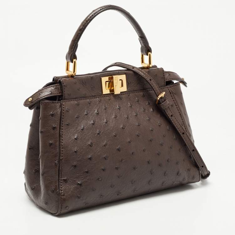 Pre Owned Fendi Brown Ostrich Leather Mini Peekaboo Top Handle Bag