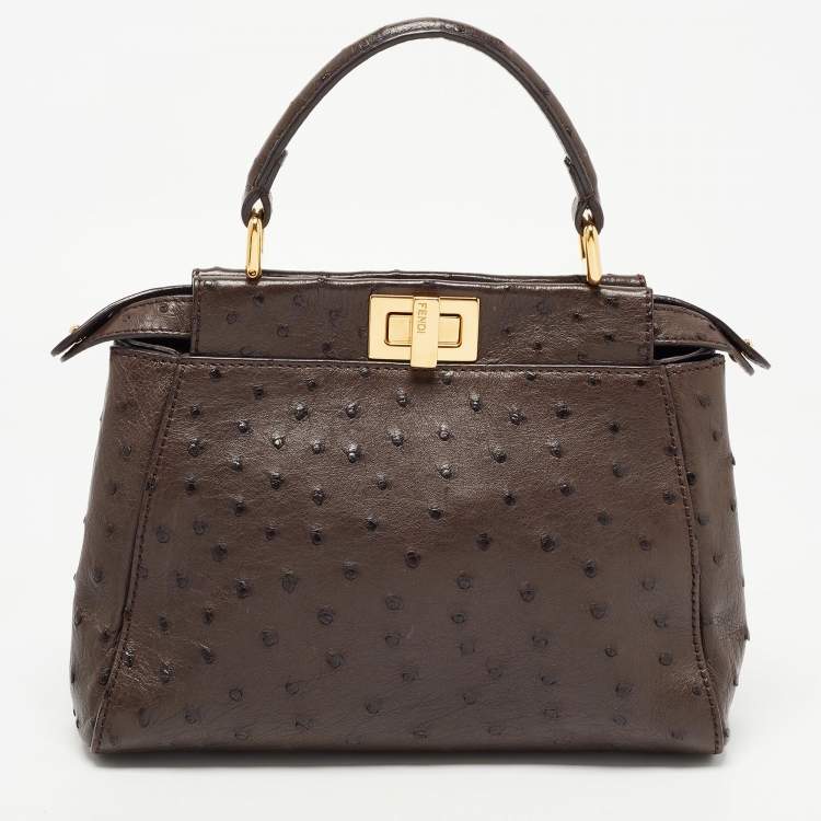 Pre Owned Fendi Brown Ostrich Leather Mini Peekaboo Top Handle Bag