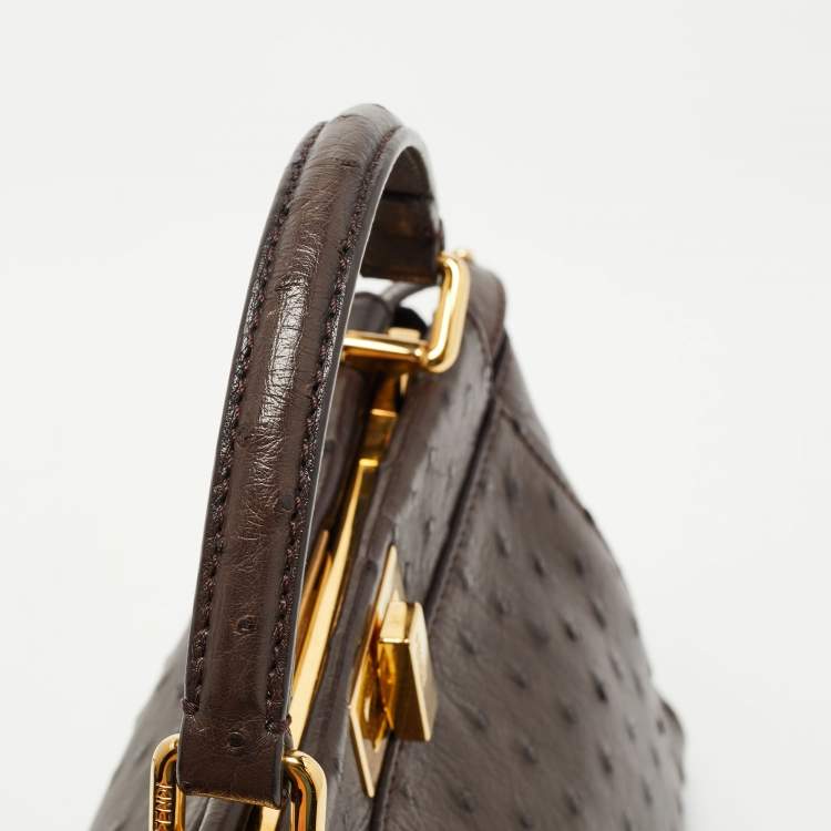 Pre Owned Fendi Brown Ostrich Leather Mini Peekaboo Top Handle Bag