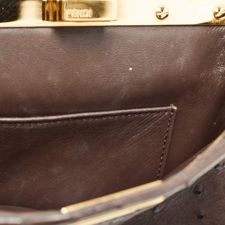 Pre Owned Fendi Brown Ostrich Leather Mini Peekaboo Top Handle Bag