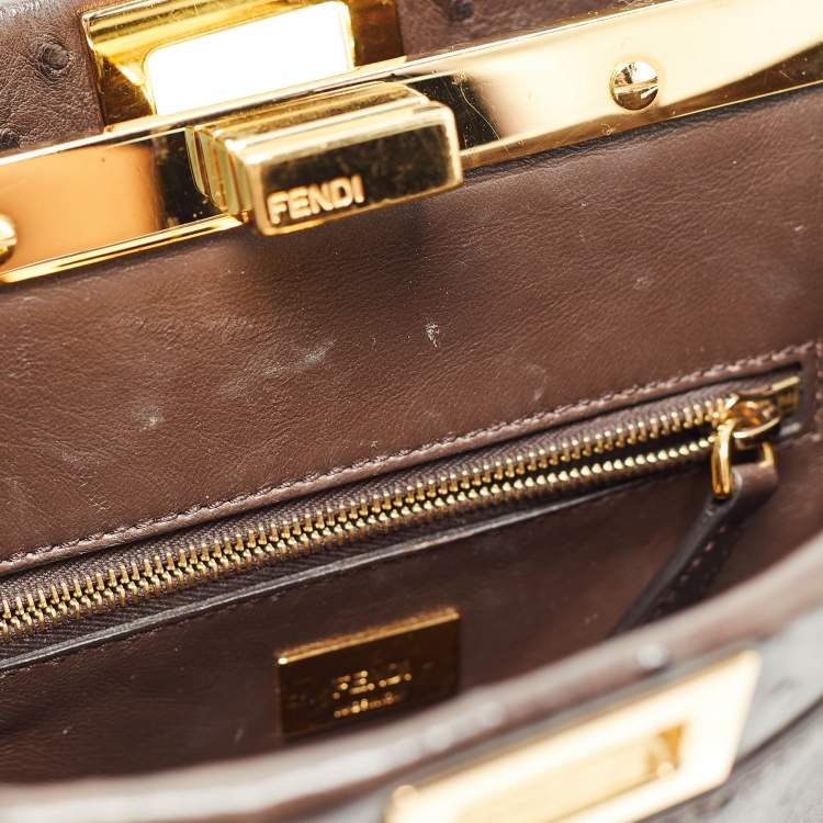 Pre Owned Fendi Brown Ostrich Leather Mini Peekaboo Top Handle Bag