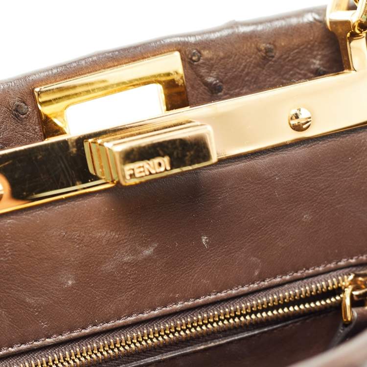 Pre Owned Fendi Brown Ostrich Leather Mini Peekaboo Top Handle Bag