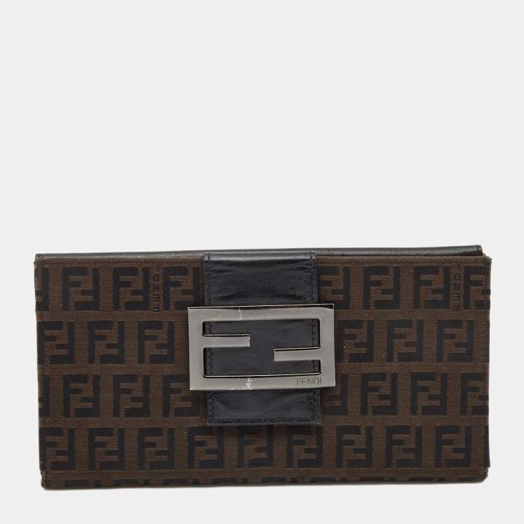 Pre Owned Fendi Black/Brown Zucchino Canvas and Leather Forever Continental Wallet