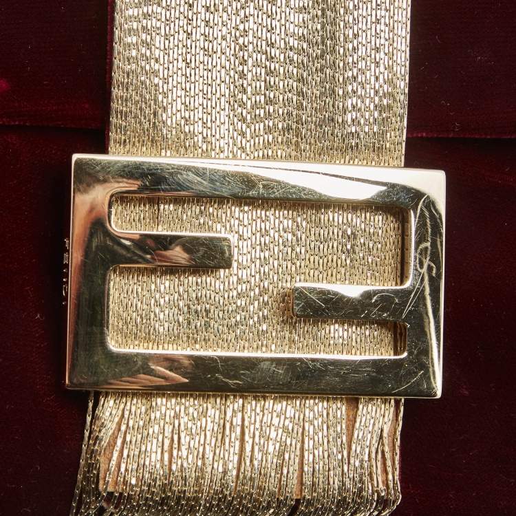 Pre Owned Fendi Red Velvet Medium Baguette Shoulder Bag