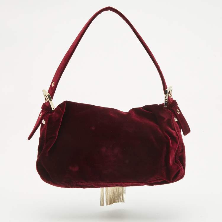 Pre Owned Fendi Red Velvet Medium Baguette Shoulder Bag